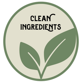 Plant sprouting icon with "CLEAN INGREDIENTS" label.