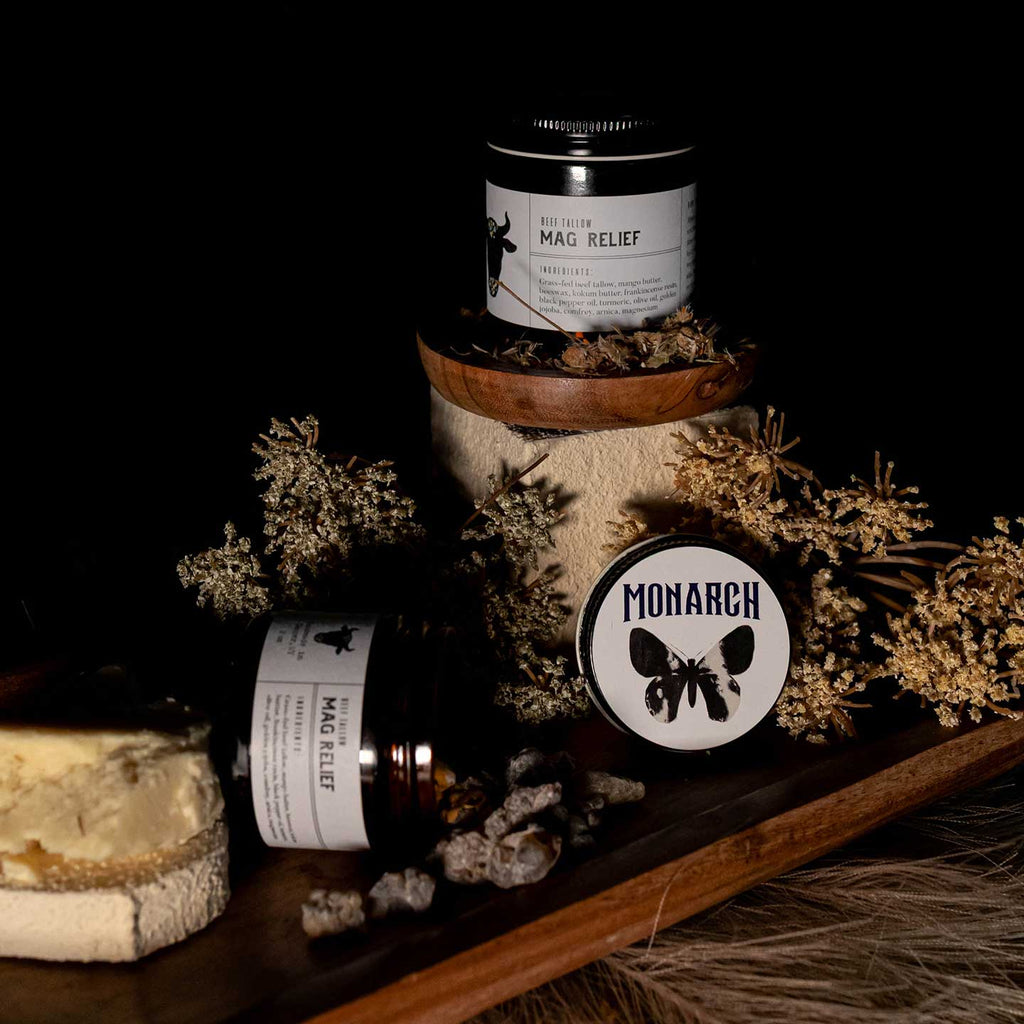 Grass-fed beef tallow Mag Relief product display with some featured ingredients.